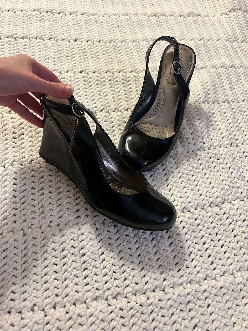 Dexter Black Patent Slingback Wedge Heels